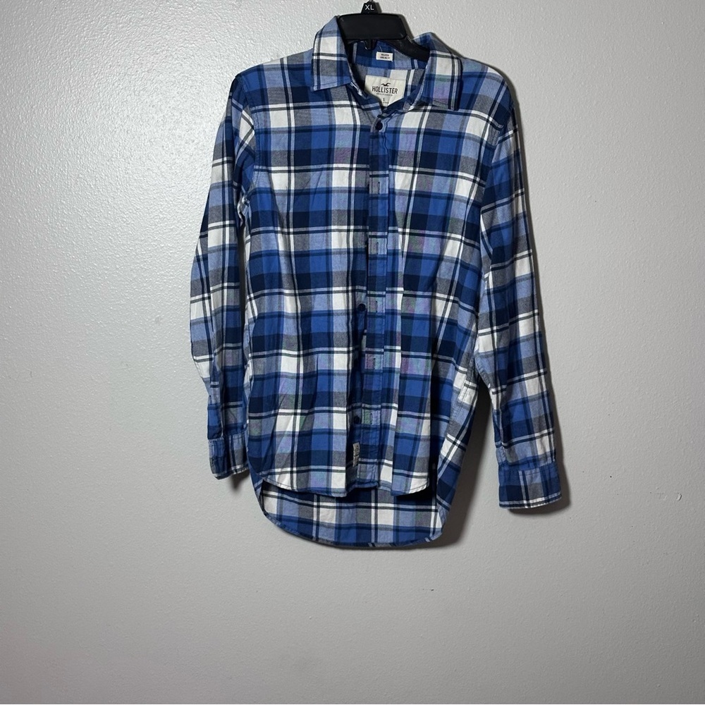 Hollister Men Plaid Blue Button Down Shirt Longline Fit size‎ Small.